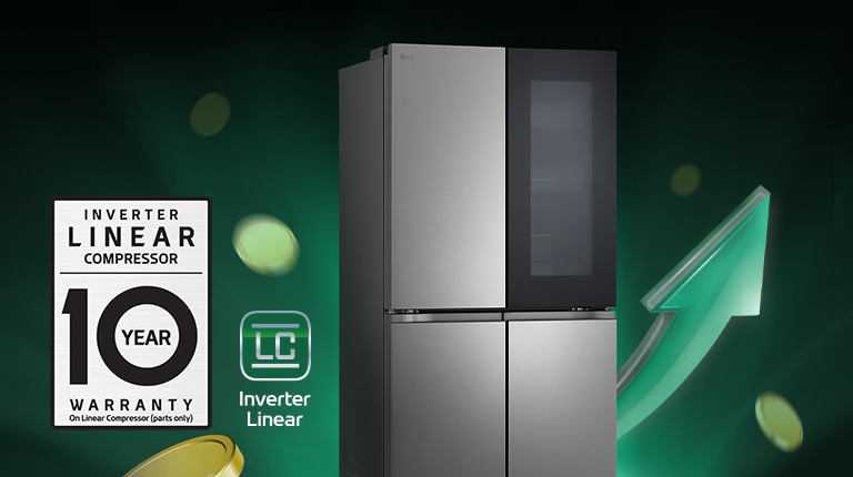 Ledusskapis priekšā augošām bultām un krāvušām monētām