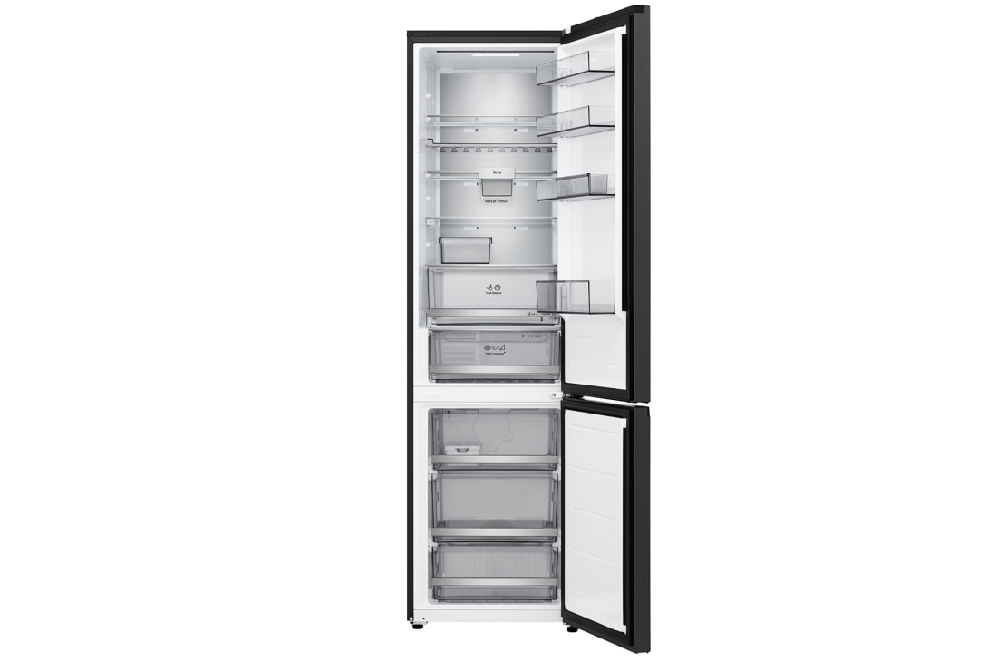 LG ledusskapis ar saldētavu apakšā | 2.03m | 375L | Sudraba | C klase | DoorCooling™ | Fresh Converter+™, LG ledusskapis ar saldējamo kameru apakšā (GBBS726AEV), ar pilnībā atvērtām durvīm, parādot ledusskapja un saldētavas nodalījumus, GBBS726AEV, thumbnail 2