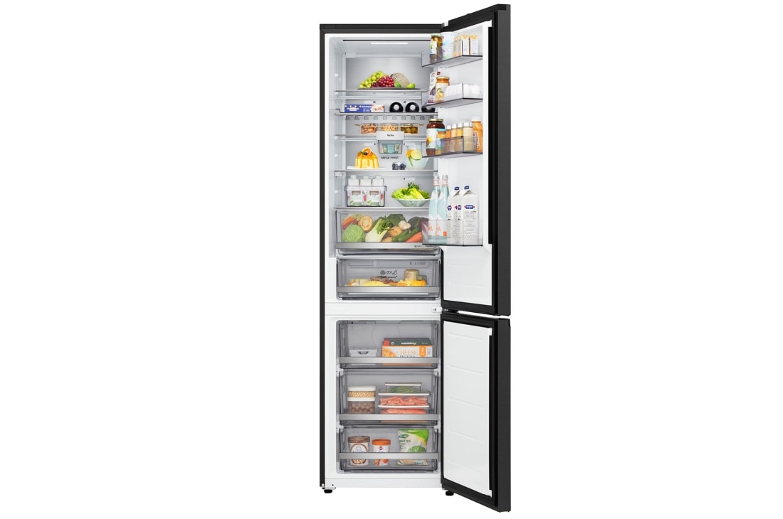 LG ledusskapis ar saldētavu apakšā | 2.03m | 375L | Sudraba | C klase | DoorCooling™ | Fresh Converter+™, LG ledusskapis ar saldētavu (GBBS726AEV), skats no augšas ar matēti melnu ledusskapi kreisajā pusē un skapīšu sienu labajā pusē, GBBS726AEV, thumbnail 3