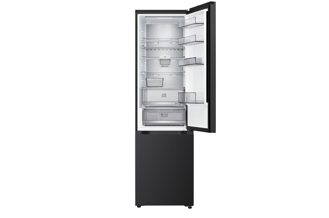 LG ledusskapis ar saldētavu apakšā | 2.03m | 375L | Sudraba | C klase | DoorCooling™ | Fresh Converter+™, LG ledusskapis ar saldētavu (GBBS726AEV) – tuvplānā attēlots vīna plaukts, kurā ir četras pudeles un makaronu kaste, bet plaukta dizains ir palielināts apaļā attēlā, GBBS726AEV, thumbnail 7