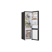 LG ledusskapis ar saldētavu apakšā | 2.03m | 375L | Melns | C klase | DoorCooling™ | Fresh Converter+™, LG ledusskapja ar saldētavu (GBBS726CEV) plaukts, kas izcelts zilā krāsā, ar bultiņām uz augšu un uz leju, attēlā pa labi redzams salocīts plaukts, kurā atrodas divas ūdens pudeles., GBBS726CEV, thumbnail 11
