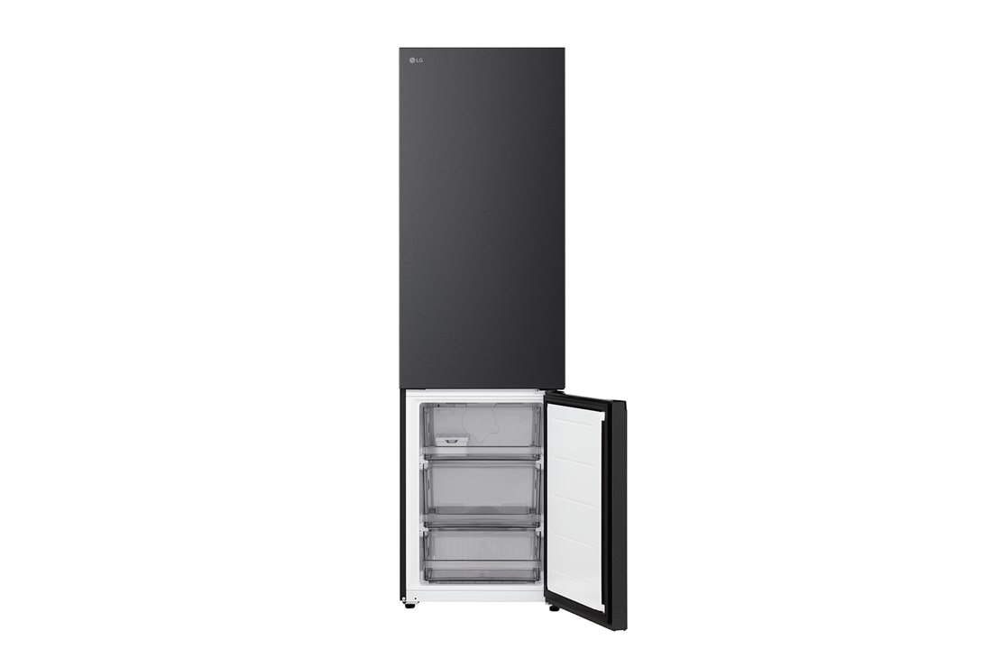 LG ledusskapis ar saldētavu apakšā | 2.03m | 375L | Melns | C klase | DoorCooling™ | Fresh Converter+™, LG ledusskapis ar saldētavu (GBBS726AEV), skats no augšas ar matēti melnu ledusskapi kreisajā pusē un skapīšu sienu labajā pusē, GBBS524CEV, thumbnail 3