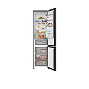 LG ledusskapis ar saldētavu apakšā | 2.03m | 375L | Melns | C klase | DoorCooling™ | Fresh Converter+™, LG ledusskapis ar saldētavu – tuvplānā attēlots vīna plaukts, kurā ir četras pudeles un makaronu kaste, bet plaukta dizains ir palielināts apaļā attēlā, GBBS322CEV, thumbnail 7