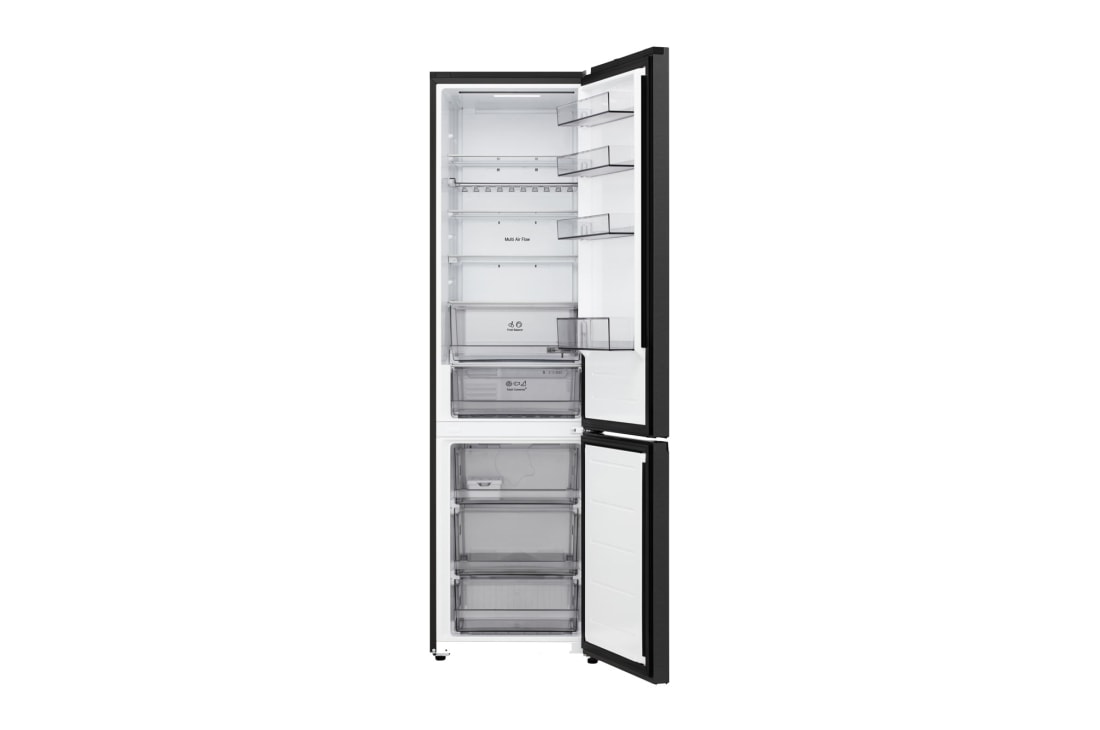 LG ledusskapis ar saldētavu apakšā | 2.03m | 375L | Melns | C klase | DoorCooling™ | Fresh Converter+™, LG ledusskapis ar saldējamo kameru apakšā, ar pilnībā atvērtām durvīm, parādot ledusskapja un saldētavas nodalījumus, GBBS322CEV, thumbnail 2