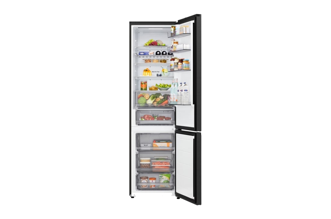 LG ledusskapis ar saldētavu apakšā | 2.03m | 375L | Melns | C klase | DoorCooling™ | Fresh Converter+™, LG ledusskapis ar saldējamo kameru apakšā dzīvojamā telpā ar pilsētas skatu naktī, uz kura izvietots MI enerģijas taupīšanas režīma grafiks un mainīgās enerģijas diagramma, GBBS322CEV, thumbnail 5