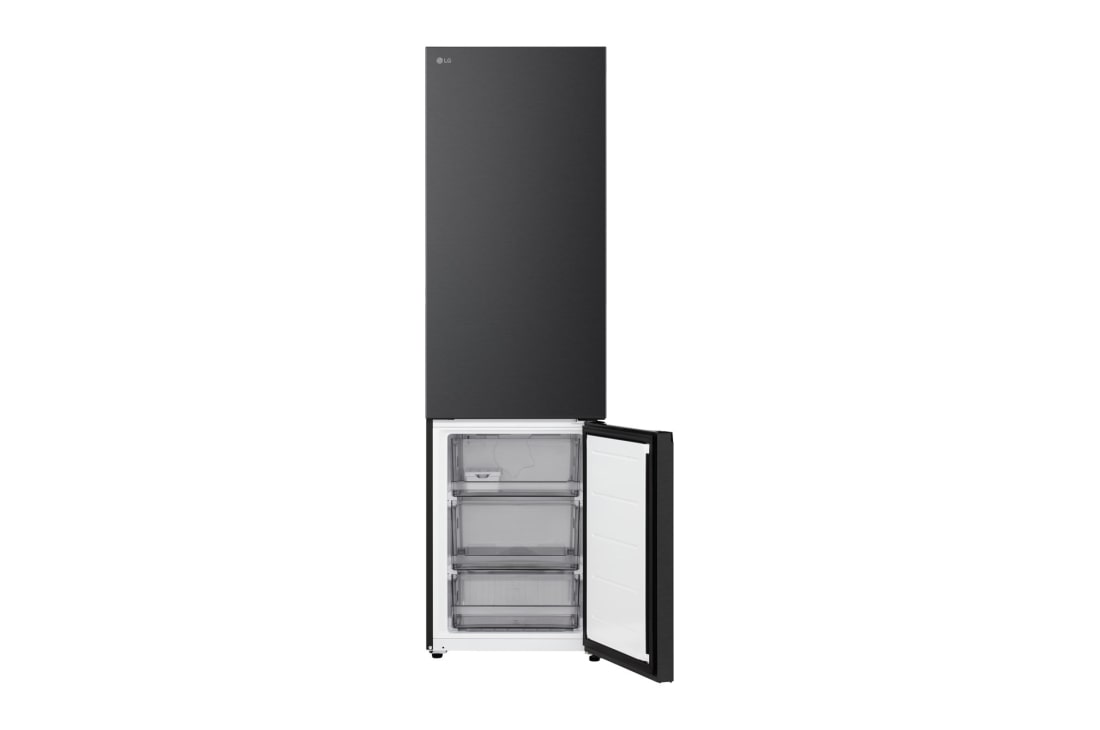 LG ledusskapis ar saldētavu apakšā | 2.03m | 375L | Melns | C klase | DoorCooling™ | Fresh Converter+™, LG ledusskapja ar saldētavu plaukts, kas izcelts zilā krāsā, ar bultiņām uz augšu un uz leju, attēlā pa labi redzams salocīts plaukts, kurā atrodas divas ūdens pudeles., GBBS322CEV, thumbnail 11