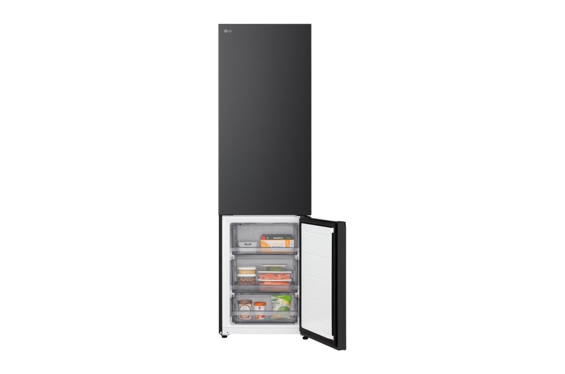 LG ledusskapis ar saldētavu apakšā | 2.03m | 375L | Melns | C klase | DoorCooling™ | Fresh Converter+™, LG ledusskapja ar saldējamo kameru apakšā skats no priekšas un sāniem, parādot ārējo dizainu, GBBS322CEV, thumbnail 12