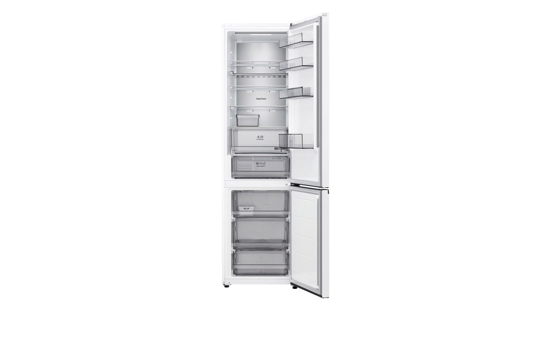 LG ledusskapis ar saldētavu apakšā | 2.03m | 375L | Balts | C klase | DoorCooling™ | Fresh Converter+™, LG ledusskapis ar saldējamo kameru apakšā, ar pilnībā atvērtām durvīm, parādot ledusskapja un saldētavas nodalījumus, GBBS524CSW, thumbnail 2