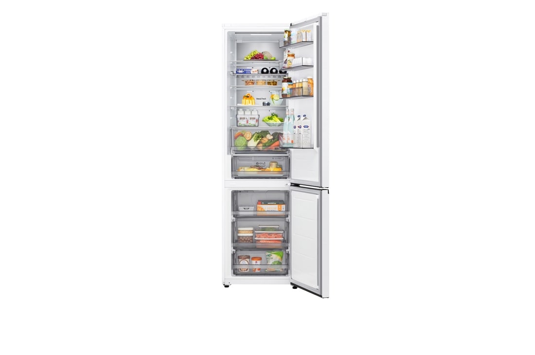 LG ledusskapis ar saldētavu apakšā | 2.03m | 375L | Balts | C klase | DoorCooling™ | Fresh Converter+™, LG ledusskapis ar saldētavu, skats no augšas ar ledusskapi kreisajā pusē un skapīšu sienu labajā pusē, GBBS524CSW, thumbnail 3