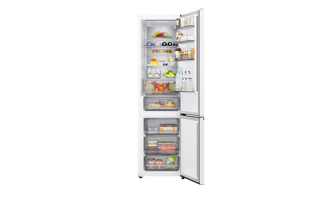 LG ledusskapis ar saldētavu apakšā | 2.03m | 375L | Balts | C klase | DoorCooling™ | Fresh Converter+™, LG ledusskapis ar saldējamo kameru apakšā, iebūvēts bez atstarpēm siltas smilškrāsas sienā, ar baltām bultiņām, kas norāda uz augšējo un priekšējo virsmu, GBBS524CSW, thumbnail 6
