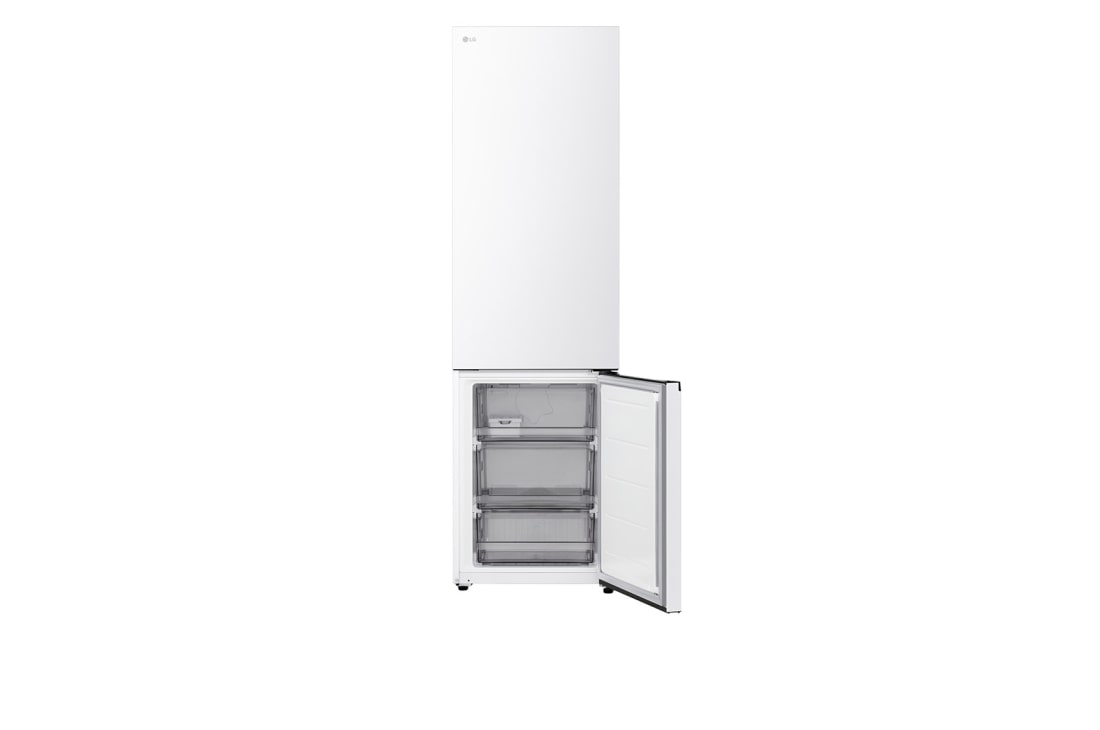 LG ledusskapis ar saldētavu apakšā | 2.03m | 375L | Balts | C klase | DoorCooling™ | Fresh Converter+™, LG ledusskapja ar saldētavu plaukts, kas izcelts zilā krāsā, ar bultiņām uz augšu un uz leju, attēlā pa labi redzams salocīts plaukts, kurā atrodas divas ūdens pudeles., GBBS524CSW, thumbnail 11