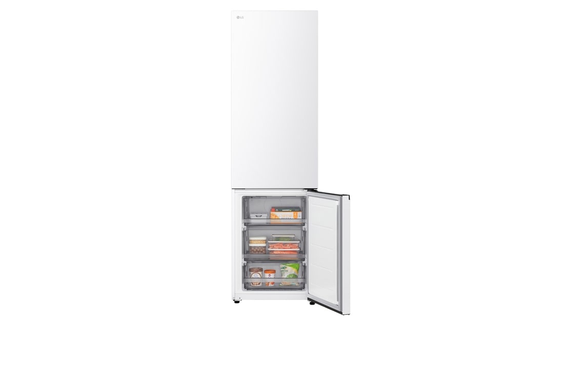 LG ledusskapis ar saldētavu apakšā | 2.03m | 375L | Balts | C klase | DoorCooling™ | Fresh Converter+™, LG ledusskapja ar saldējamo kameru apakšā skats no priekšas un sāniem, parādot ārējo dizainu, GBBS524CSW, thumbnail 12