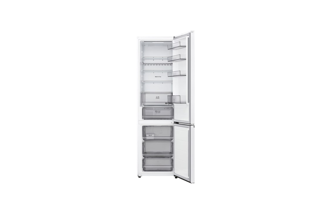 LG ledusskapis ar saldētavu apakšā | 2.03m | 375L | Balts | C klase | DoorCooling™ | Fresh Converter+™, LG ledusskapis ar saldējamo kameru apakšā, ar pilnībā atvērtām durvīm, parādot ledusskapja un saldētavas nodalījumus, GBBS322CSW, thumbnail 2