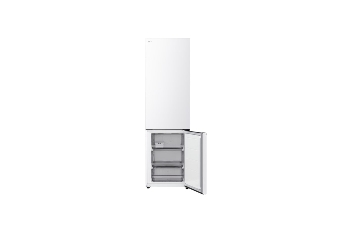 LG ledusskapis ar saldētavu apakšā | 2.03m | 375L | Balts | C klase | DoorCooling™ | Fresh Converter+™, LG ledusskapja ar saldētavu plaukts, kas izcelts zilā krāsā, ar bultiņām uz augšu un uz leju, attēlā pa labi redzams salocīts plaukts, kurā atrodas divas ūdens pudeles., GBBS322CSW, thumbnail 11