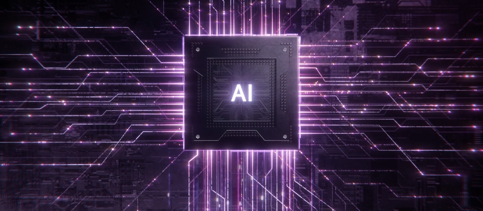 LG AI Core-Tech mikroshēma vizualizē inteliģentu datu apstrādi ar starojošām shēmas līnijām, simbolizējot to, kā LG AI sadzīves tehnika mācās, pielāgojas un optimizē darbību visā mājoklī.