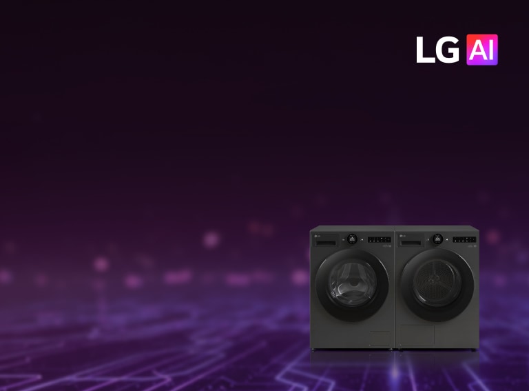 LG AI veļas mazgāšanas ierīces, tostarp veļas mazgājamā mašīna ar priekšējo ielādi un veļas žāvētājs, attēlotas uz violeta digitālo shēmu fona.