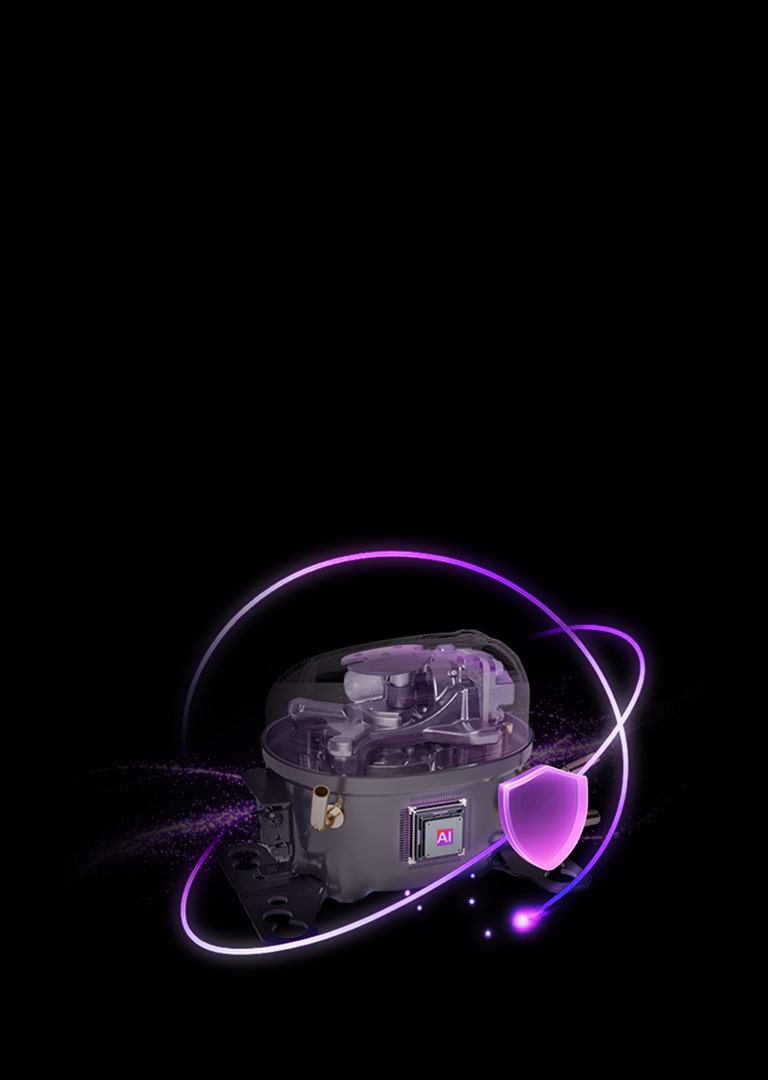 LG AI invertora kompresora ilustrācija ar mirdzoši violetiem akcentiem un vairoga ikonu, kas simbolizē izturību