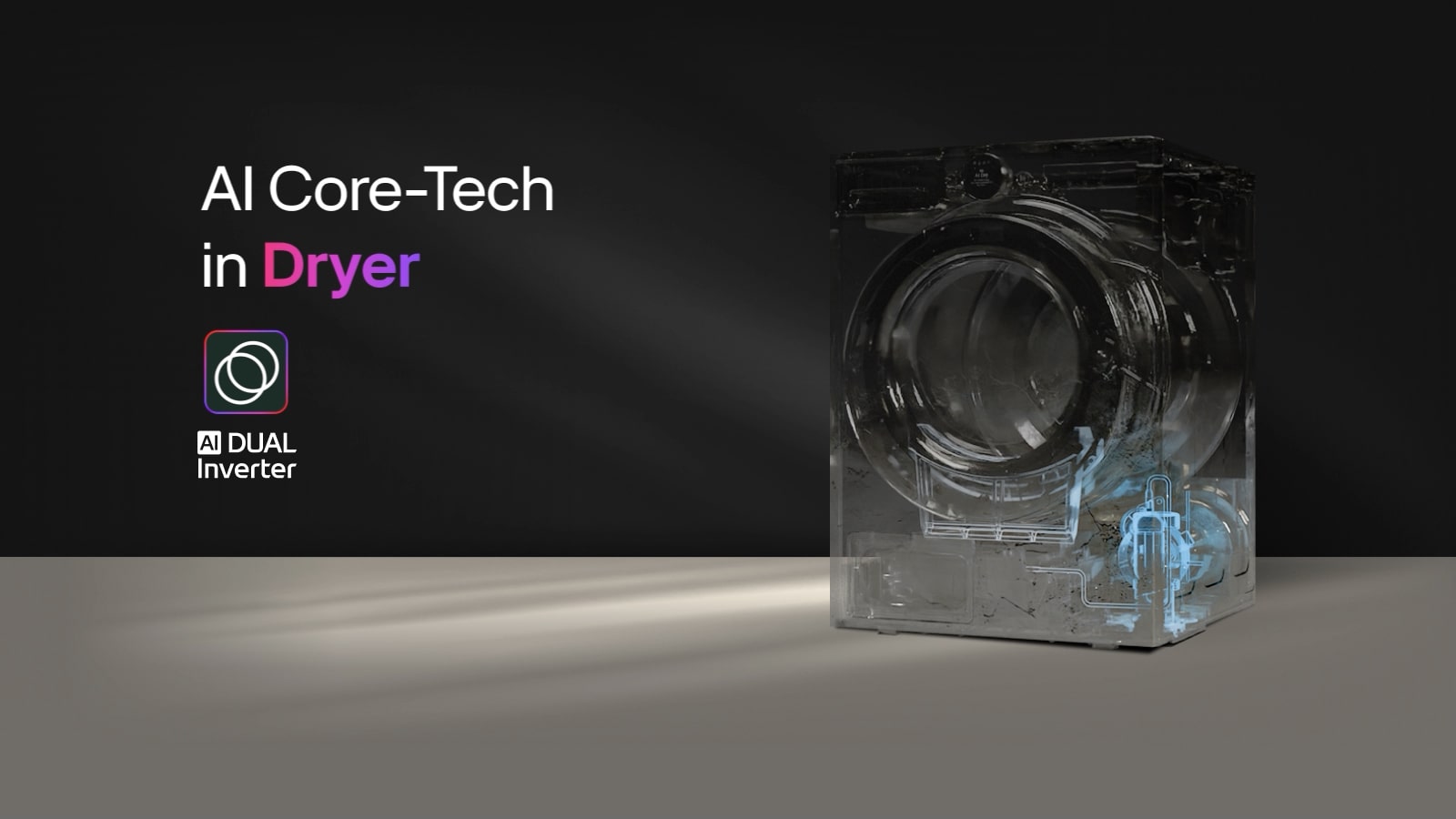 LG veļas žāvētājs ar caurspīdīgu skatu uz AI Dual Inverter komponentu, “AI Core-Tech in Dryer (AI Core-Tech veļas žāvētājos) un AI Dual Inverter emblēma, kuras centrā ir burts “D”, ko ieskauj divas bultas, veidojot cilpu, uz tumša fona ar rozā un violetu apmali.