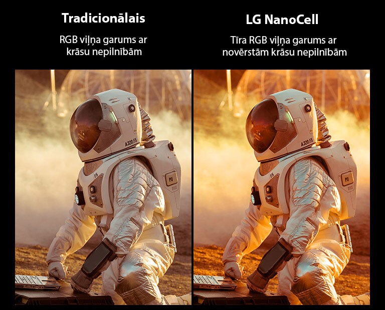 Filmas aina tiek parādīta parastajā televizorā ar sliktu attēla kvalitāti. Otra puse ir LG NanoCell televizors ar augstu attēla kvalitāti.