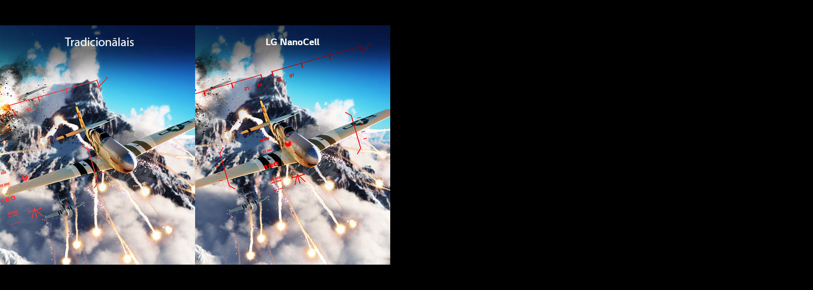 Puse no šaušanas spēles ainas attēlota tradicionālā televizorā ar normālu ievades aizturi, bet otra puse&nbsp;— LG NanoCell televizorā ar zemu ievades aizturi.