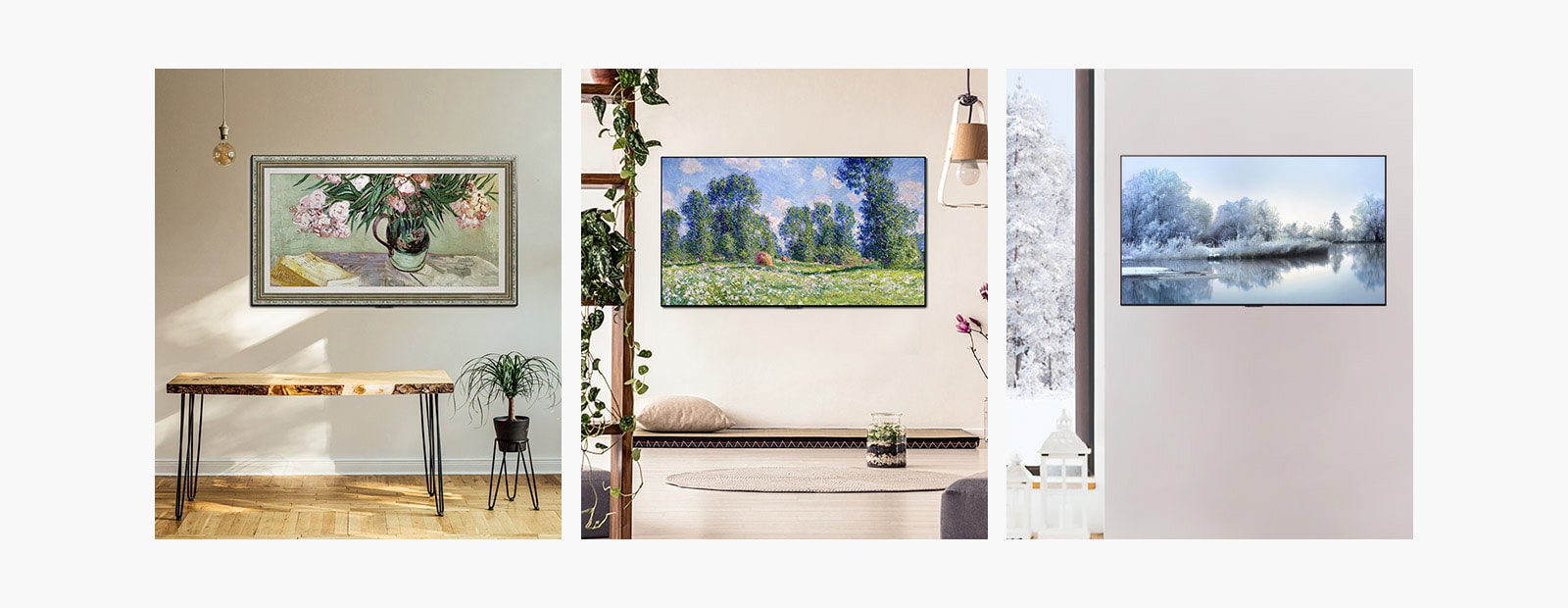 Images of a wall-mounted gallery design showing an artwork in the living rooms.