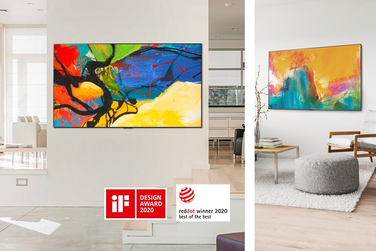 Attēli ar pie sienas piestiprinātu Gallery Design televizoru, kurā redzams mākslas darbs viesistabā.