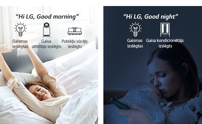 Sieviete gultā mostas no rīta (pa kreisi) un ir ar mazuli vakarā (pa labi)