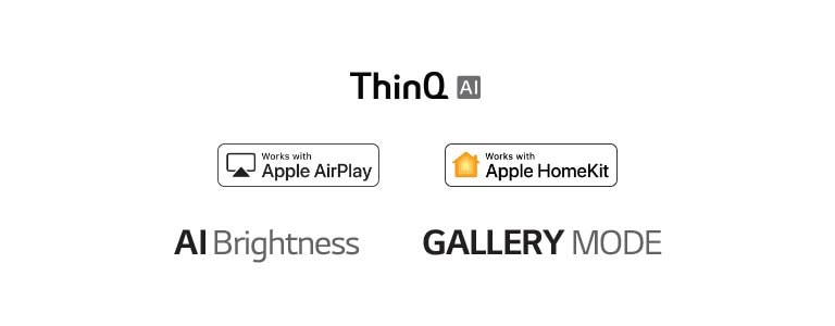 The mark of LG ThinQ, The mark of Google Assitant, The mark of Apple AirPlay, The mark of Apple Homekit, The mark of alexa built-in, The mark of AI Brightness, The mark of GALLERY MODE