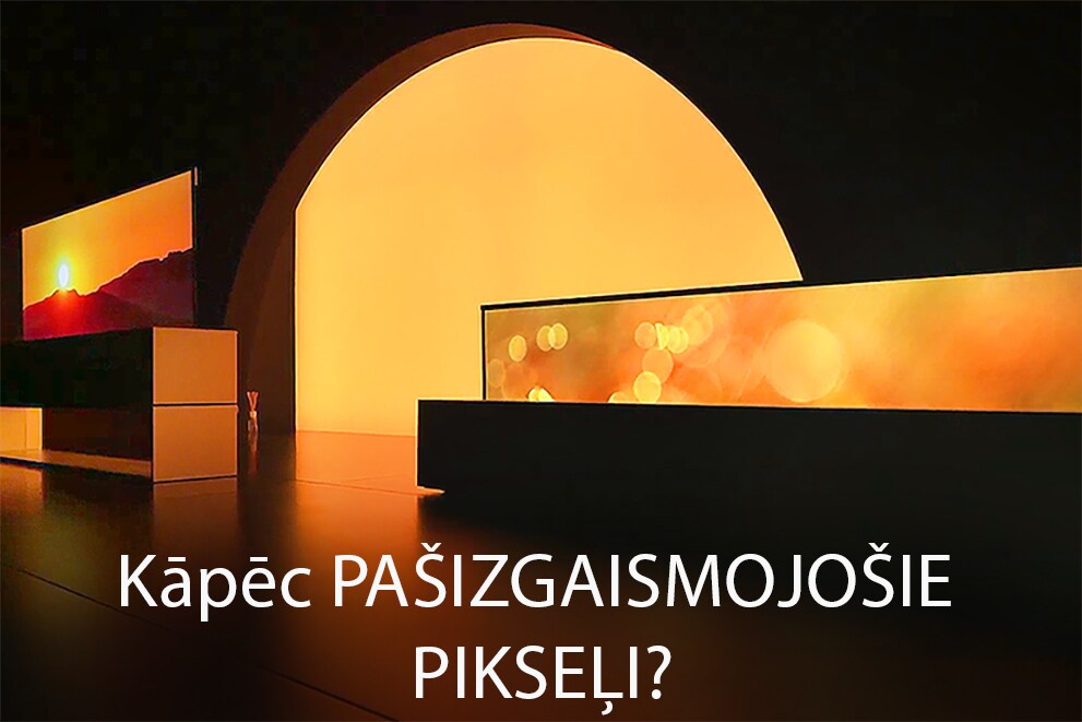 Tumšā telpā divi LG izritināmi televizori, kuros redzams saullēkts pilna skata un daļēja skata režīmā