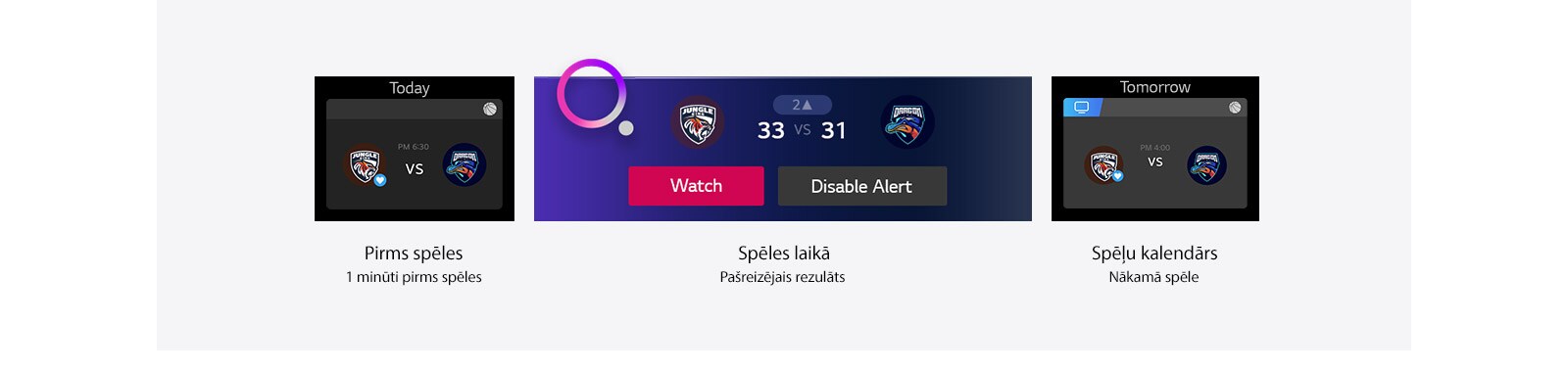 Sporta paziņojums parādās vienu minūti pirs spēle sākuma, sniedzot informāciju par komandām, kuras spēlēs Spēles laikā parādās sporta paziņojums ar informāciju par rezultātu Sporta paziņojums parāda informāciju par plānoto spēli