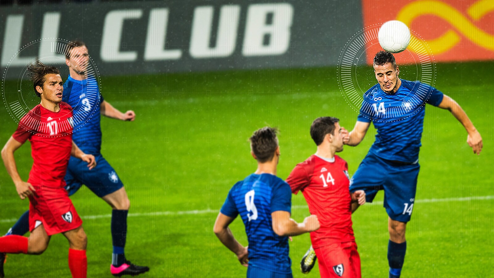 Televizora ekrānā redzami uzvaru svinošu futbola spēlētāju seju attēli, kurus uzlabojis Alpha 9 Gen3 AI procesors