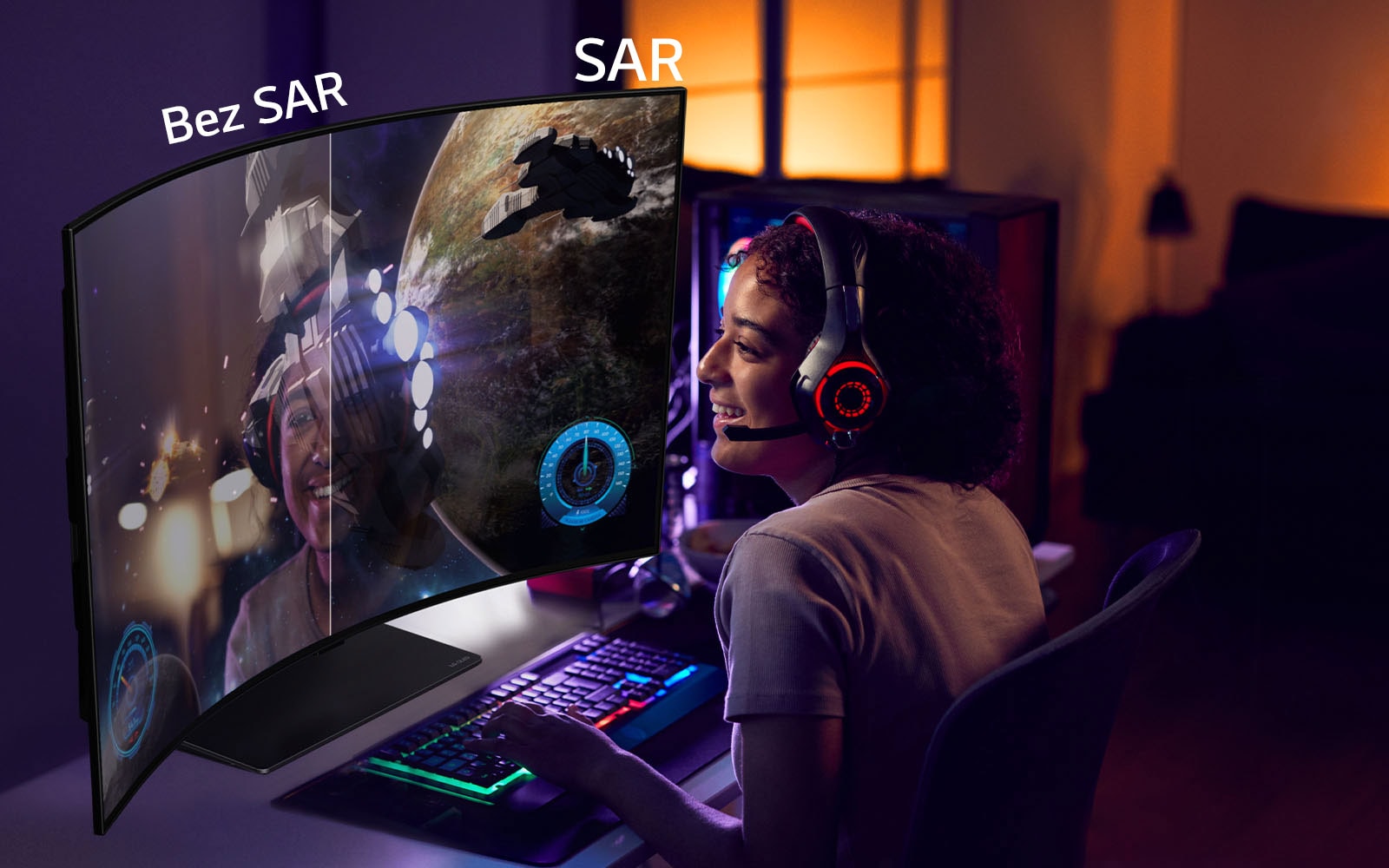 Attēlā redzams cilvēks, kurš spēlē spēli uz LG OLED Flex. Labā ekrāna puse izmanto SAR tehnoloģiju un tajā redzama tikai spēles grafika. Kreisā ekrāna puse ir bez SAR tehnoloģijas un tajā redzams spēlētāja sejas atspulgs.