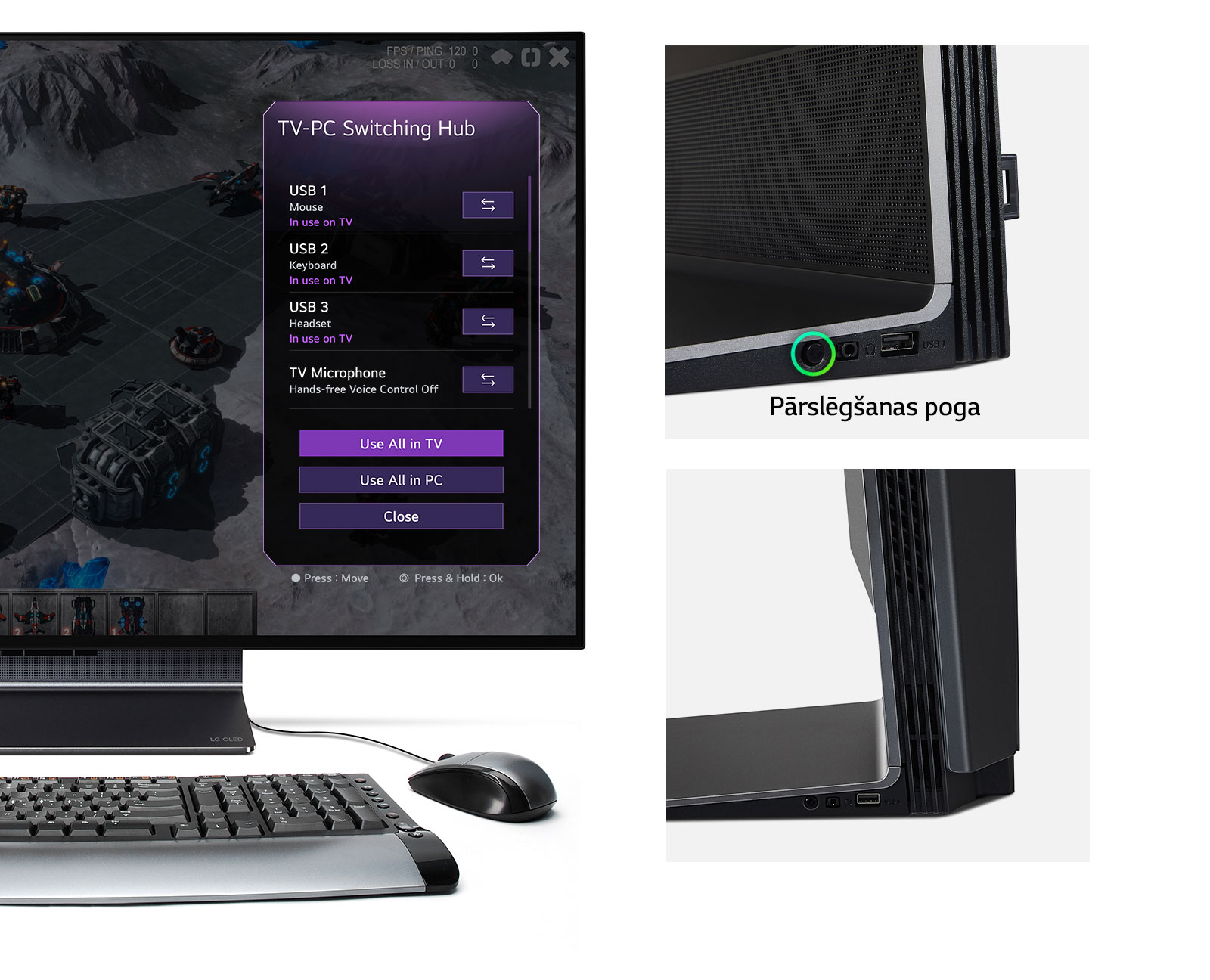 Pārslēgšanas centrmezgls redzams trīs attēlos. Pirmajā attēlā pārslēgšanas centrmezgla izvēlne ir redzama LG OLED Flex ekrānā. Otrajā attēlā redzams LG OLED Flex savienojamības ports. Trešajā attēlā redzams LG OLED Flex savienojamības porta sāna skats.