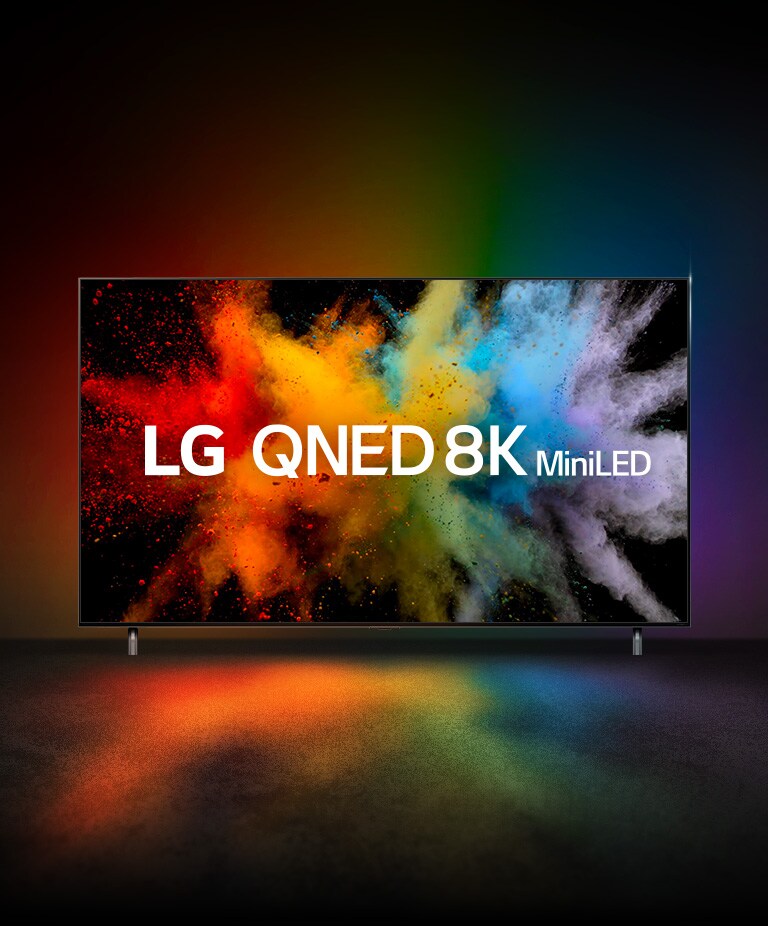 Kustīgie QNED un NanoCell burti pārsedzas, un no tiem izsprāgst krāsu mākonis. Parādās QNED 8K miniLED logotips.