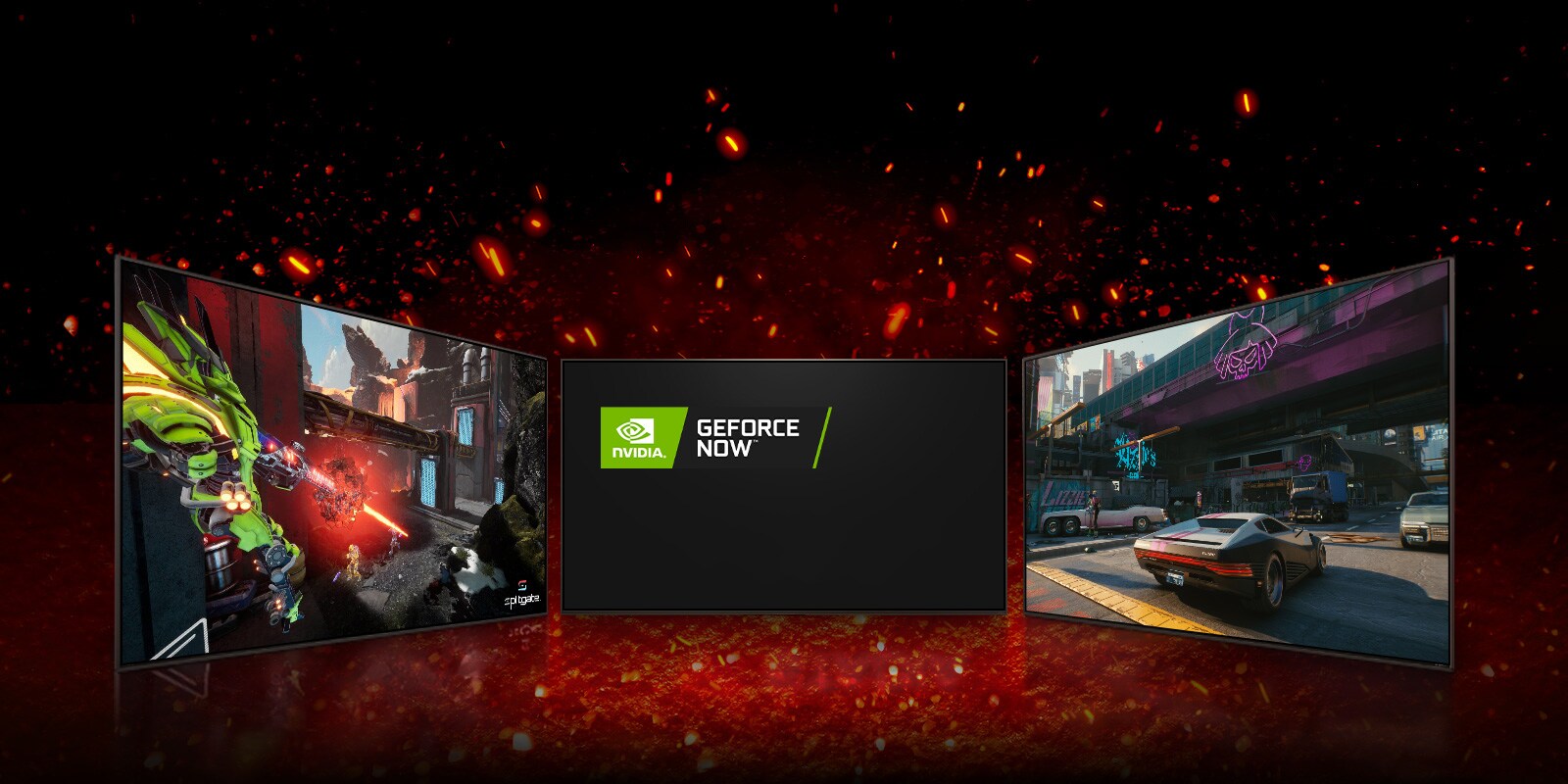 Ir redzami trīs televizori — tas, kas atrodas vidū, ir vērsts uz priekšu, un ekrānā ir redzams NVIDIA GEFORCE NOW logotips. Kreisajā televizorā redzama spēle Splitgate, savukārt labajā televizorā — Cyberpunk 2077.