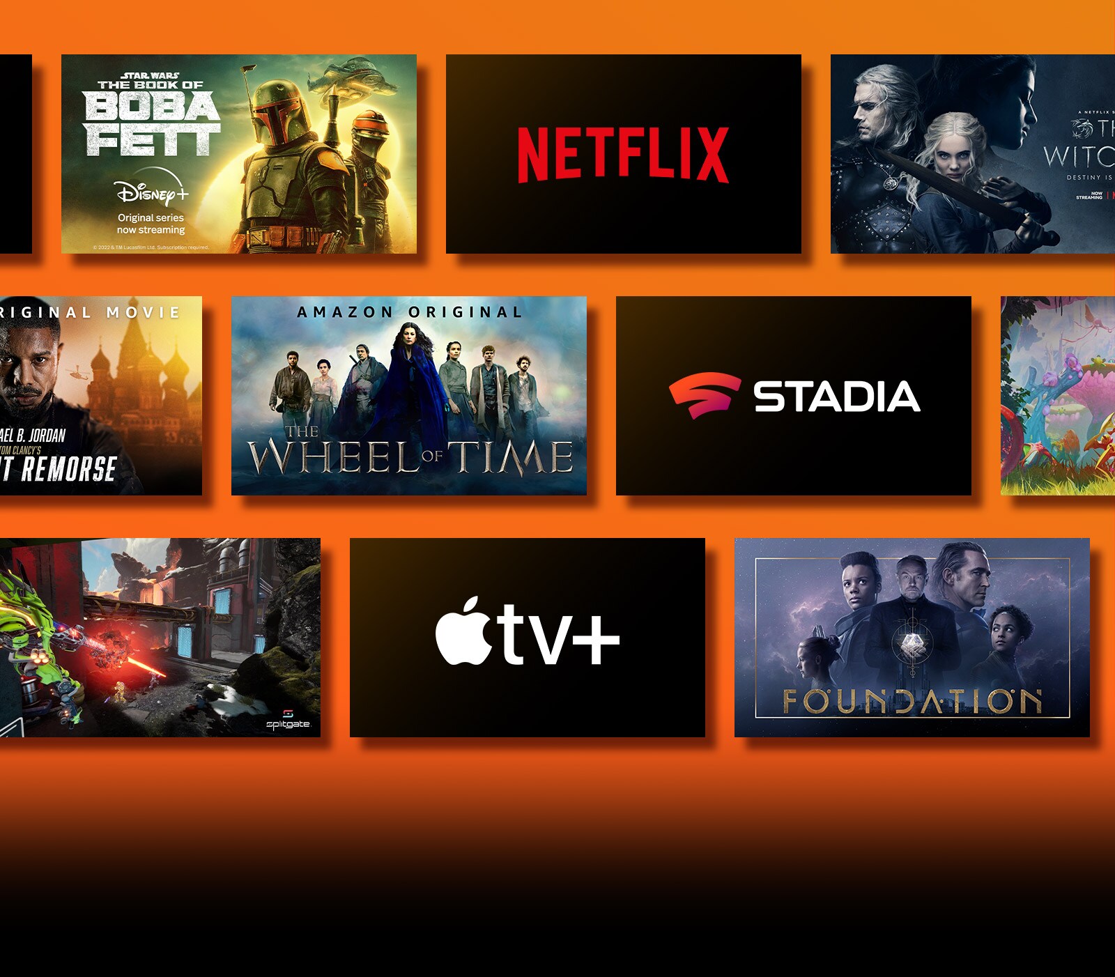 Tieši blakus katram logotipam ir straumēšanas pakalpojumu platformu logotipi un atbilstošie ieraksti. Netflix logotips un seriālu Money Heist un The Witcher attēli. Prime Video logotips un filmu Without Remorse un The Wheel of Time attēli. Livenow logotips un mamamoo un OneUs reklāmas rullīša attēli. NVIDIA Geforce Now logotips un spēļu Cyberpunk 2077 un Splitgate attēli. Apple TV plus logotips un filmu Foundation un Finch attēli. 