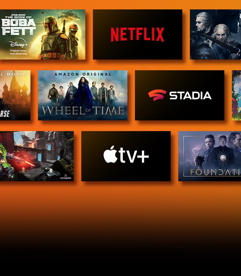 Tieši blakus katram logotipam ir straumēšanas pakalpojumu platformu logotipi un atbilstošie ieraksti. Netflix logotips un seriālu Money Heist un The Witcher attēli. Prime Video logotips un filmu Without Remorse un The Wheel of Time attēli. Livenow logotips un mamamoo un OneUs reklāmas rullīša attēli. NVIDIA Geforce Now logotips un spēļu Cyberpunk 2077 un Splitgate attēli. Apple TV plus logotips un filmu Foundation un Finch attēli. 