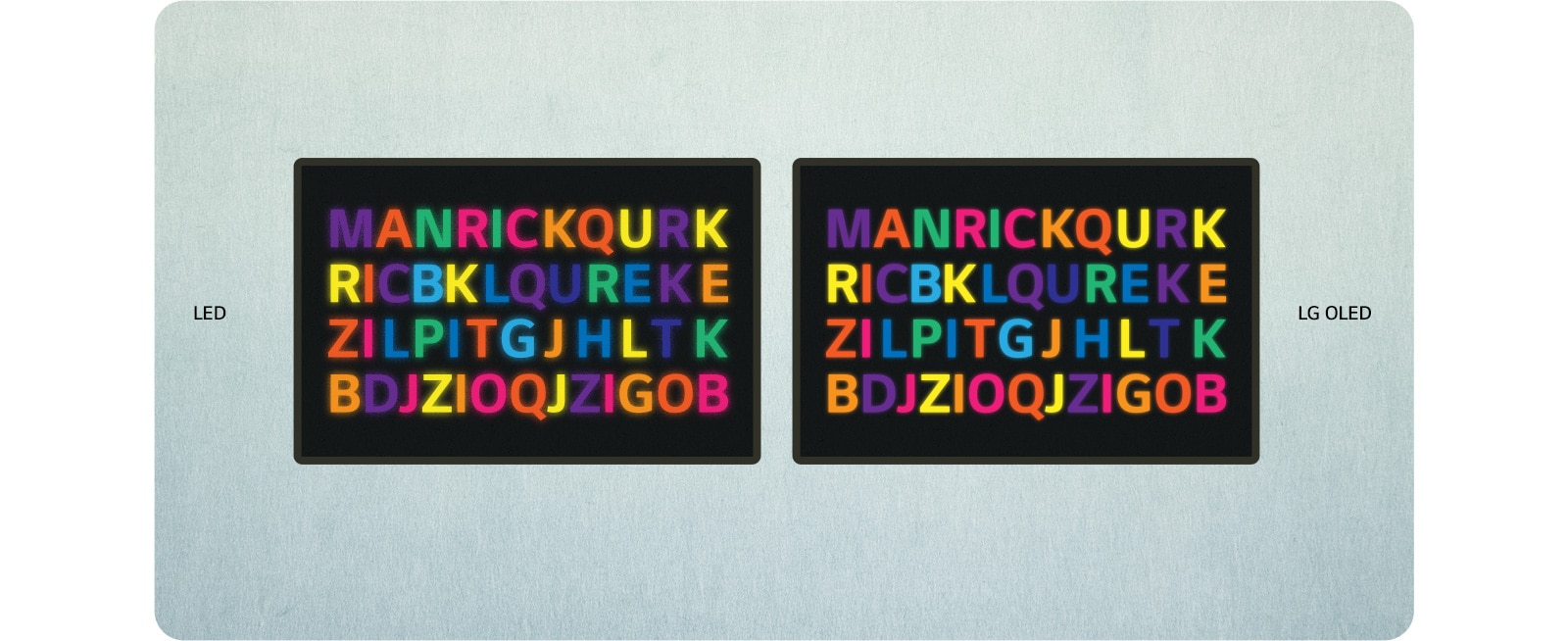 Ilustrācija ar LED un LG OLED blakus. Ekrānā redzami krāsaini burti, kas sakārtojas un izveido zilu tekstu “ZILĀ GAISMA”. LED pusē zilā gaisma ir spēcīga, bet OLED pusē pieklusināta.