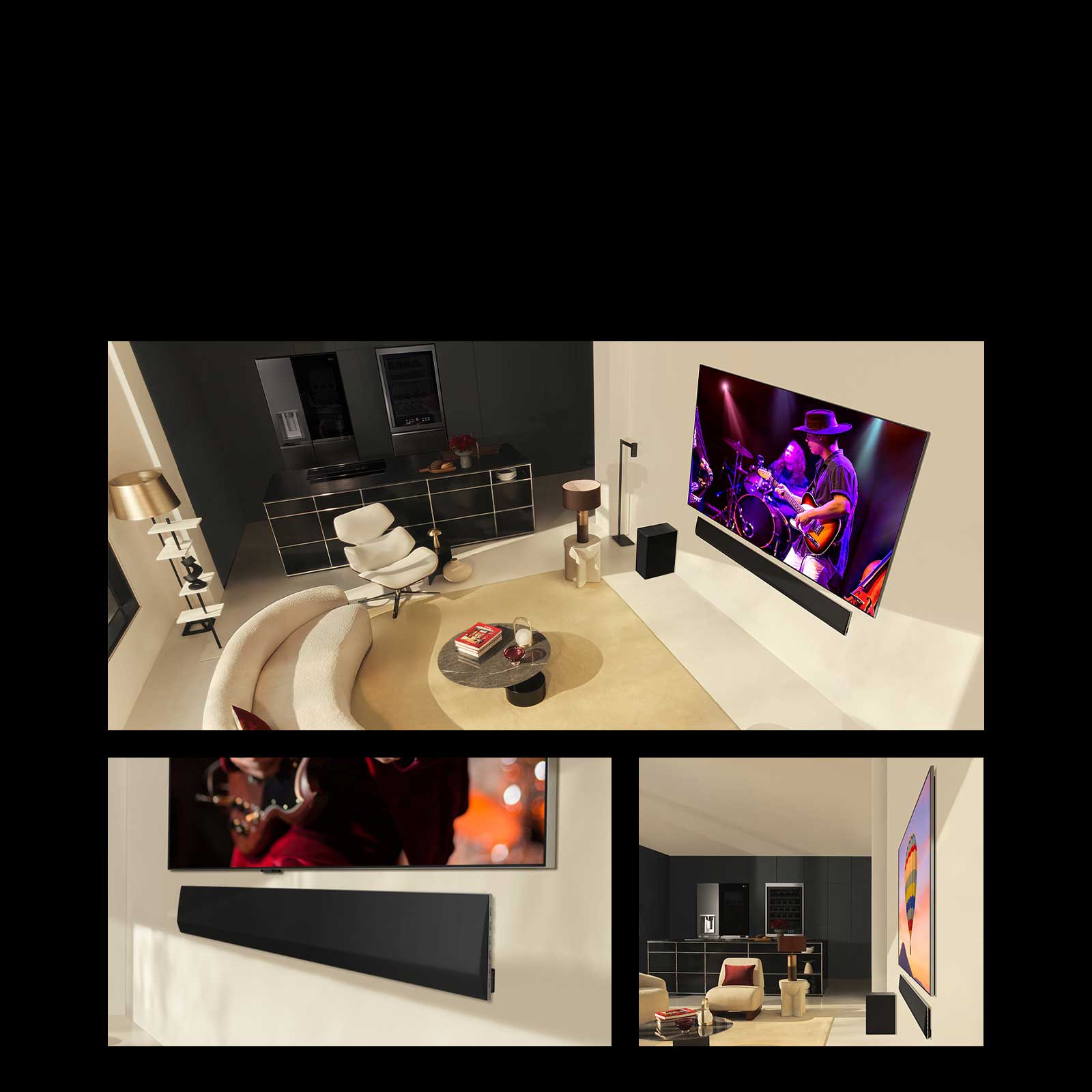 PC: Pāris modernā dzīves telpā skatās koncertu, kas spēlē LG OLED evo G4 ar ideāli atbilstošo LG Soundbar SG10TY.   MO: Vīrietis modernā dzīves telpā skatās koncertu, kas spēlē LG OLED evo G4 ar ideāli atbilstošo LG Soundbar SG10TY.   Leņķa perspektīva no apakšas ar LG OLED TV un LG Soundbar.  LG OLED evo G4 un LG Soundbar SG10TY sānu profila skats ar neticami plāniem izmēriem un praktiski nulles atstarpi pret sienu. 