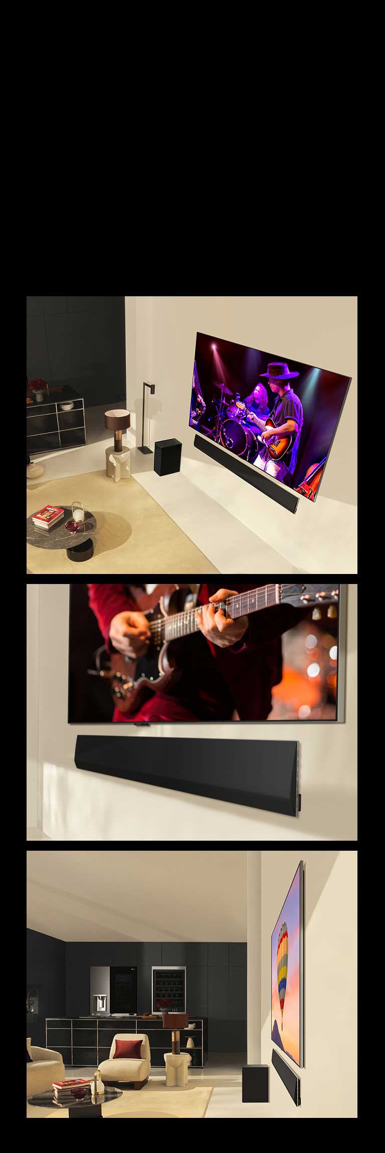 PC: Pāris modernā dzīves telpā skatās koncertu, kas spēlē LG OLED evo G4 ar ideāli atbilstošo LG Soundbar SG10TY.   MO: Vīrietis modernā dzīves telpā skatās koncertu, kas spēlē LG OLED evo G4 ar ideāli atbilstošo LG Soundbar SG10TY.   Leņķa perspektīva no apakšas ar LG OLED TV un LG Soundbar.  LG OLED evo G4 un LG Soundbar SG10TY sānu profila skats ar neticami plāniem izmēriem un praktiski nulles atstarpi pret sienu. 