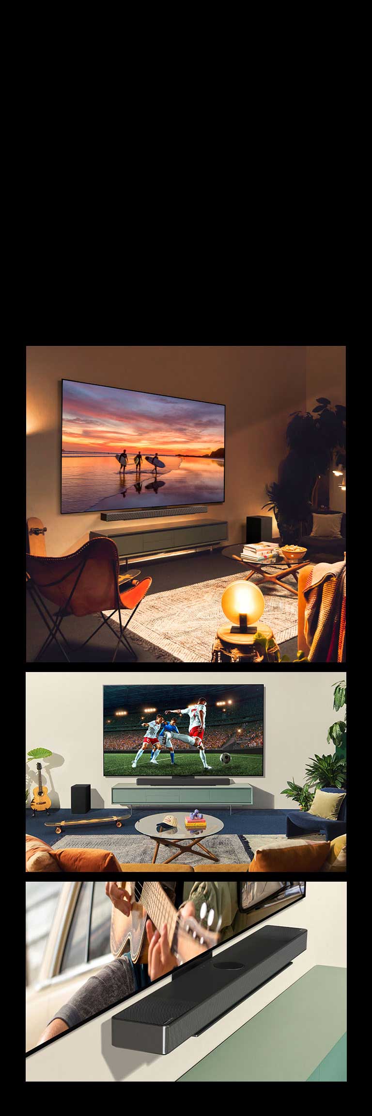LG OLED evo C4 sānu profila skats, kurā redzama ainavu fotogrāfija neformālā un bohēmiskā stila viesistabā ar siltu gaismu.   Divas sievietes gaišā un neformālā viesistabā izbauda un uzmundrina futbola spēli, spēlējot LG OLED evo C4. LG Soundbar SC9 glīti pievienojas TV.   LG OLED evo C4 leņķa apgriešanas skats, kas pievienots LG Soundbar SC9 ar Synergy Bracket. 
