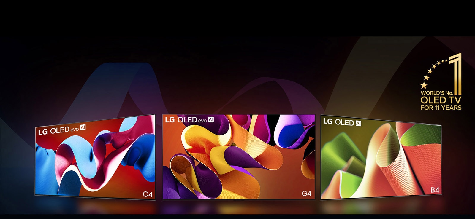 PC: LG OLED evo G4, LG OLED evo C4 un LG OLED B4 blakus, katrs uz ekrāna attēlo dažādas krāsas abstraktu mākslas darbu. Gaisma raida no katra televizora uz zemi. Augšējā labajā stūrī ir 11 gadus pasaulē populārākā OLED TV zelta emblēma.  MO: LG OLED evo G4, LG OLED evo C4 un LG OLED B4 pēc kārtas, katrs ekrānā attēlo abstraktu mākslas darbu dažādās krāsās. Gaisma raida no katra televizora uz zemi. Augšējā labajā stūrī ir 11 gadus pasaulē populārākā OLED TV zelta emblēma.