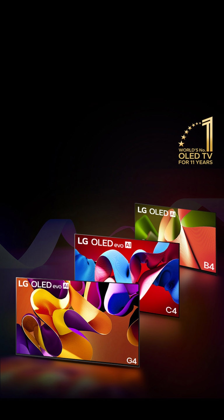 PC: LG OLED evo G4, LG OLED evo C4 un LG OLED B4 blakus, katrs uz ekrāna attēlo dažādas krāsas abstraktu mākslas darbu. Gaisma raida no katra televizora uz zemi. Augšējā labajā stūrī ir 11 gadus pasaulē populārākā OLED TV zelta emblēma.  MO: LG OLED evo G4, LG OLED evo C4 un LG OLED B4 pēc kārtas, katrs ekrānā attēlo abstraktu mākslas darbu dažādās krāsās. Gaisma raida no katra televizora uz zemi. Augšējā labajā stūrī ir 11 gadus pasaulē populārākā OLED TV zelta emblēma.