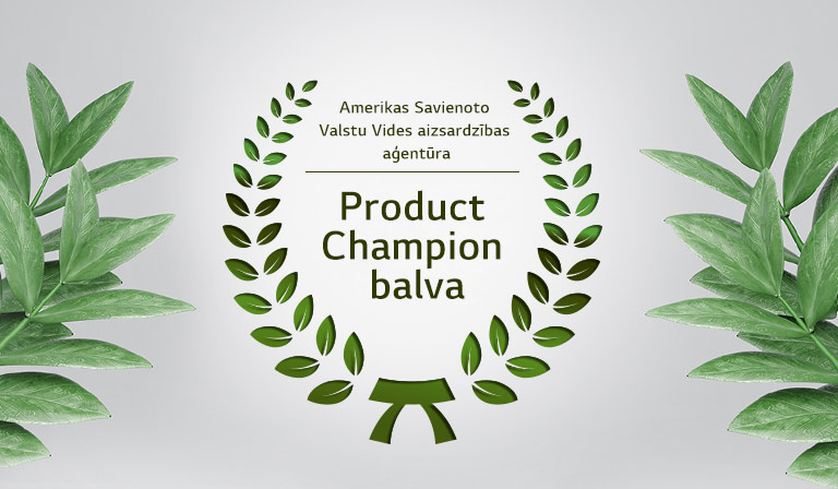 Ap EPA Product Champion balvas tekstu ir redzams zaļš lauru vainags. Abās attēla pusēs ir novietotas zaļas lapas.