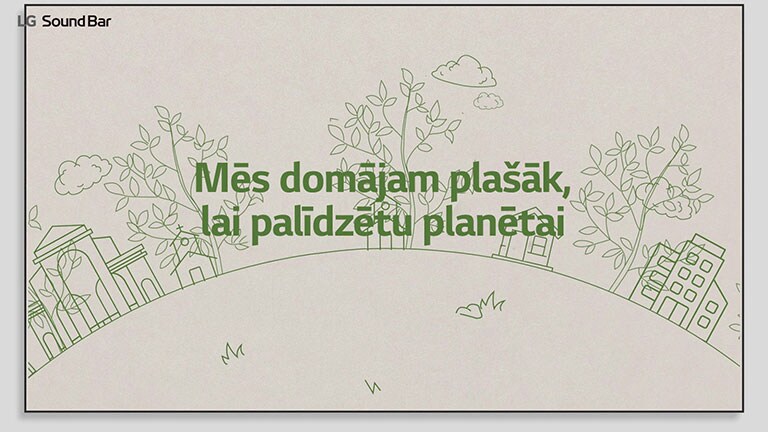 Ar zaļām līnijām uzzīmētas mājas un koki, un virs zīmējuma redzams zaļš teksts “Mēs domājam plašāk, lai palīdzētu planētai”. Noklikšķiniet, lai noskatītos video