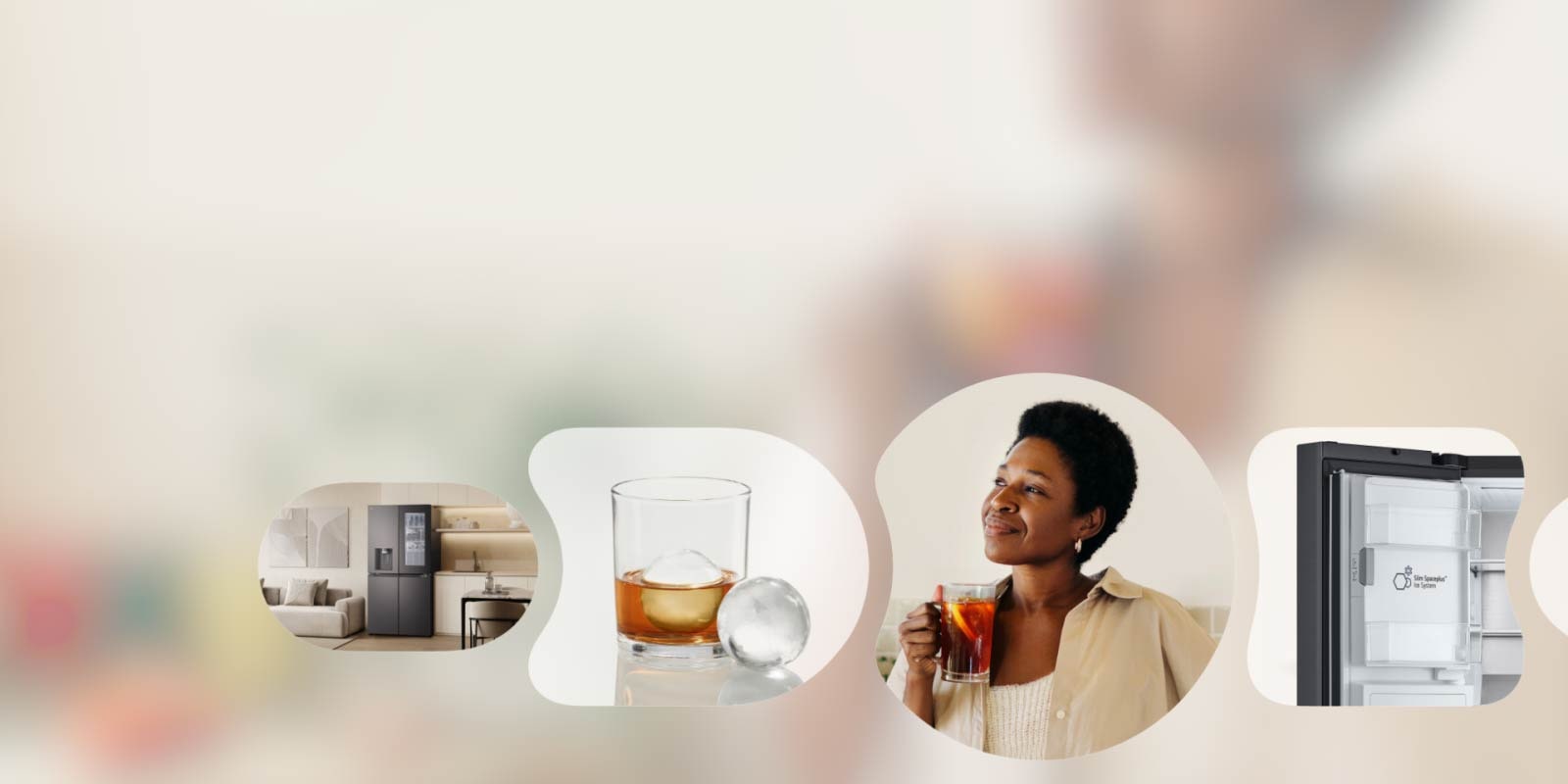 Secīgi attēlots LG ledusskapis, Craft Ice, sieviete, kas bauda dzērienu, un Slim SpacePlus™ ledus sistēma ledusskapja durvīs 