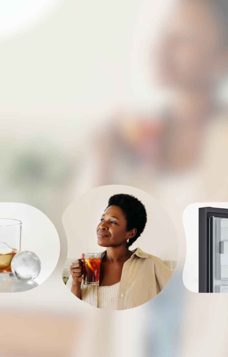 Secīgi attēlots LG ledusskapis, Craft Ice, sieviete, kas bauda dzērienu, un Slim SpacePlus™ ledus sistēma ledusskapja durvīs 