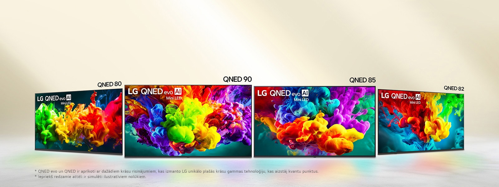 2026. gada LG QNED evo Mini LED TV klāsts ar QNED90, QNED85, QNED82 un QNED80 TV modeļiem, katrs ar krāsainiem mākslas darbiem ekrānā, demonstrējot QNED dinamisko krāsu funkcionalitāti.