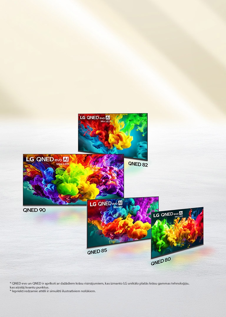 2026. gada LG QNED evo Mini LED TV klāsts ar QNED90, QNED85, QNED82 un QNED80 TV modeļiem, katrs ar krāsainiem mākslas darbiem ekrānā, demonstrējot QNED dinamisko krāsu funkcionalitāti.