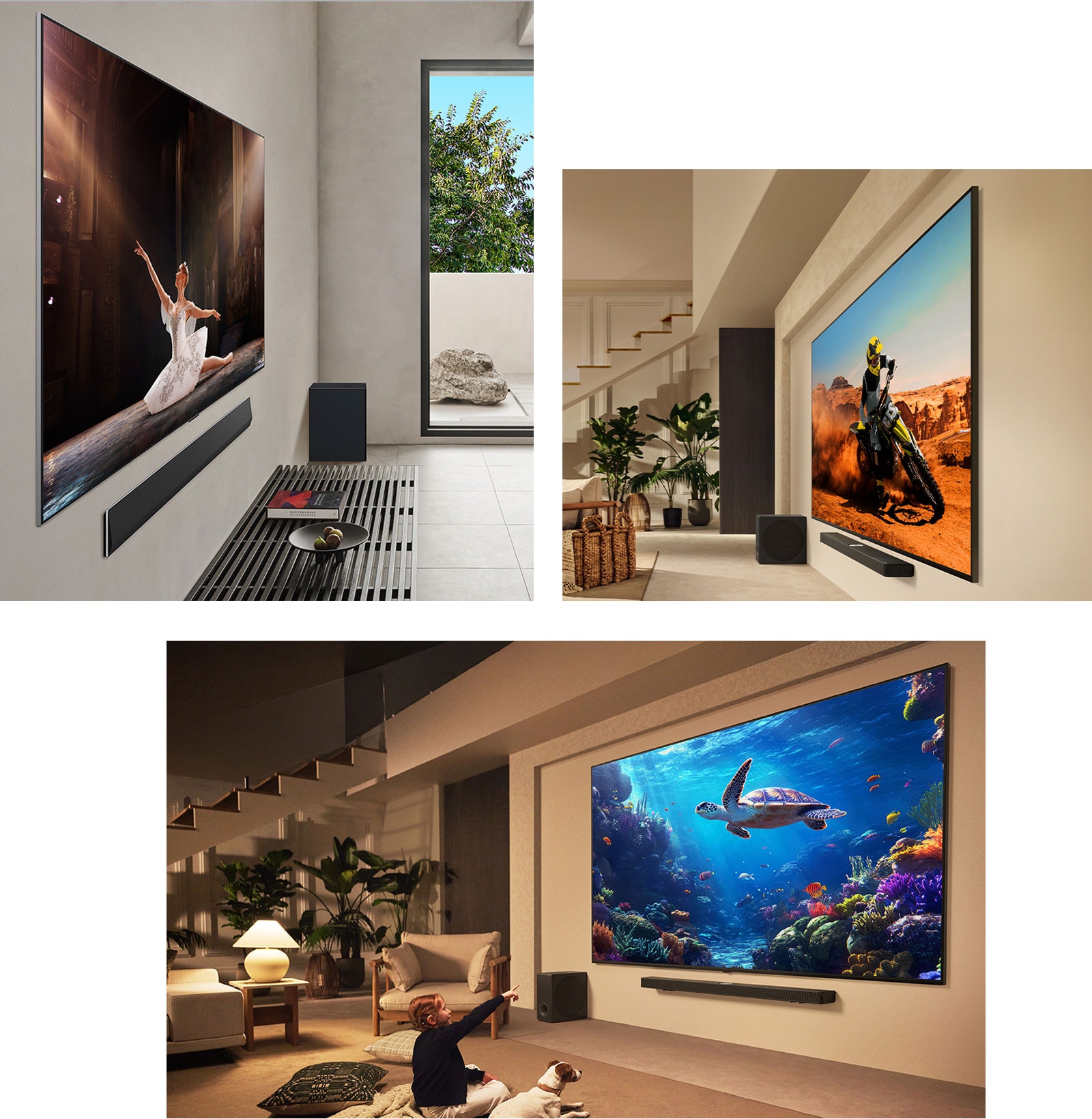 Dažādas dzīvojamās istabas ar dažādiem LG īpaši lielajiem TV pie sienas. Katrā no šīm telpām īpaši lielais TV savienots ar LG Soundbar. 